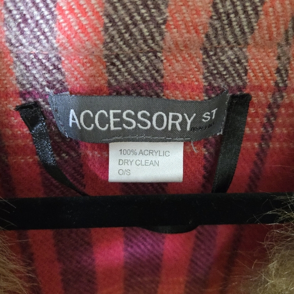 Accessory St Pink and Red Plaid Poncho Cape Scarf with Faux Fur Collar - Picture 2 of 7